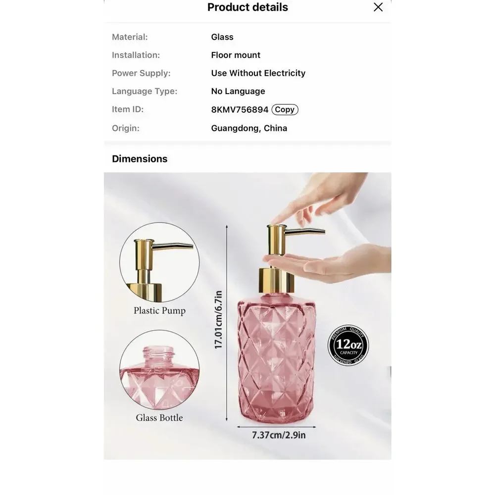 11.16 Ounce Glass Diamond Pink With Gold Top Soap Dispensers 2 Pack New